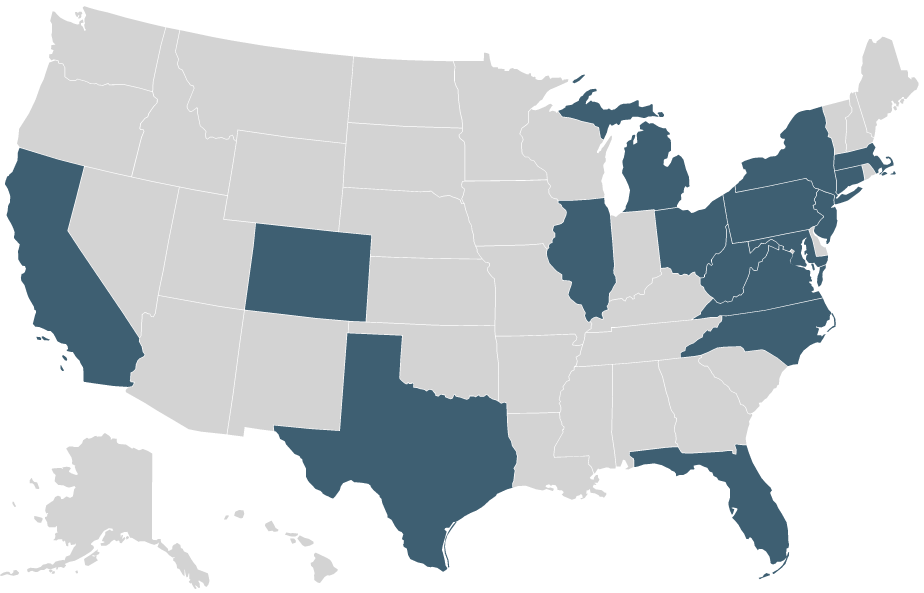 map of the USA with the states DC, MD, VA, CT, MA, NY, NJ, FL, NC, CO, MI, OH, PA, TX, WV highlighted